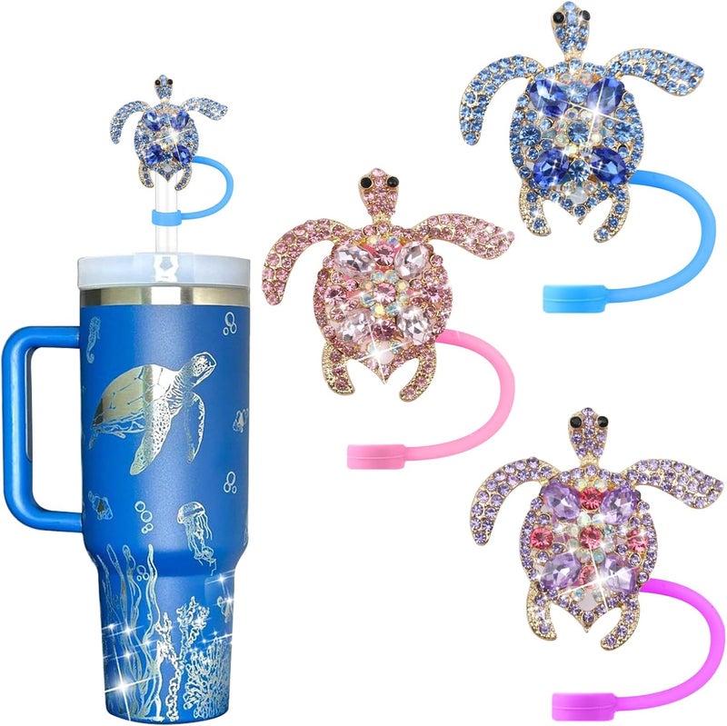 SEMATA 3PCS Cute Tortoise Straw Cover Cap for Stanley Cup Accessories,Bling Crystals Straw Toppers for Stanley Tumbler 40&30 oz,Rhinestone Reusable Straws Tips Protectors Compatible with 10mm Straws - Image 1